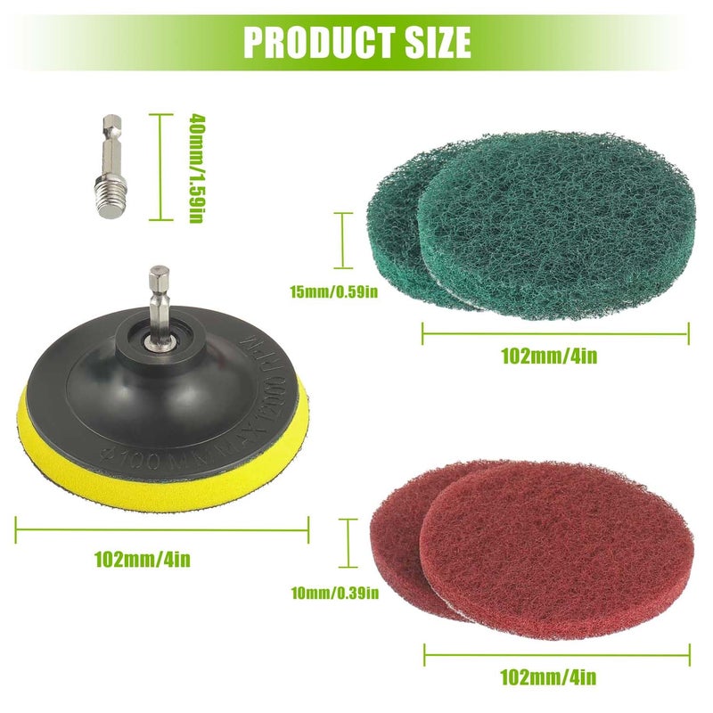 EPLZON 4 Inch Scrub Drill Brush Power Scouring Pads Household Cleaning Set for Kitchen Bathroom 4 Red Pads 4 Green Pads 1 Drill Attachment and 1 Universal Shaft - Image 2